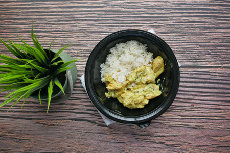 curry chicken and rice in a take away plastic packet on tableの写真素材