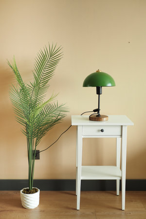 a lamp on wooden table and a decorative plant at homeの写真素材