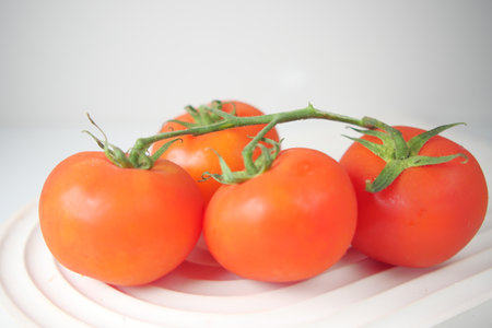 group of ripe red tomatoes on tableの写真素材
