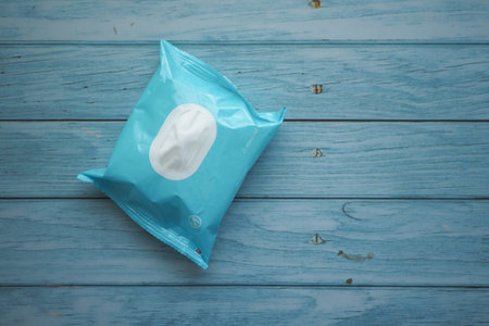 Cleansing wet wipes on table with copy spaceの写真素材