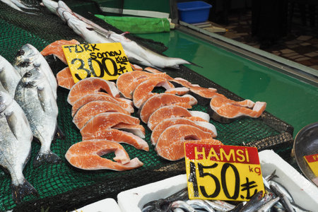 fresh fish in ice at local market shop