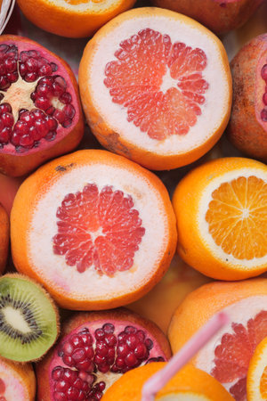 orange, Grapefruit and pomegranate closeupの写真素材