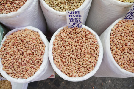 top view of pistachios nuts selling at shopping bazar