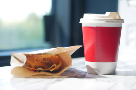 Blank take away kraft coffee cup on table ,の写真素材