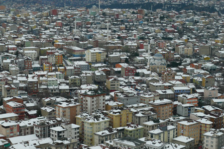 top view of Snowfall on buildings in istanbul cityの写真素材