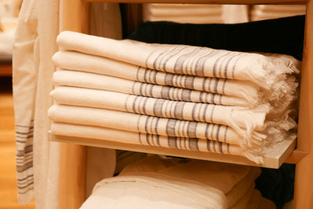 Close up of stack of shower towel on table.