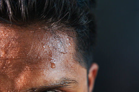 closeup of sweat on forehead against dark background ,の写真素材