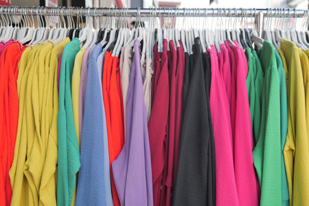close up of many women cloths display for saleの写真素材