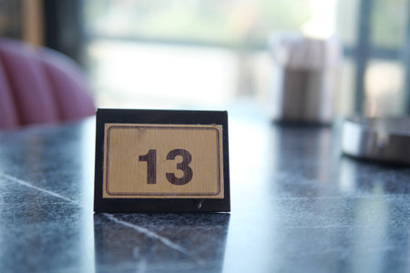 14 number sign number on cafe table .の写真素材