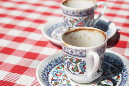 top view of empty coffee cup on table ,の写真素材