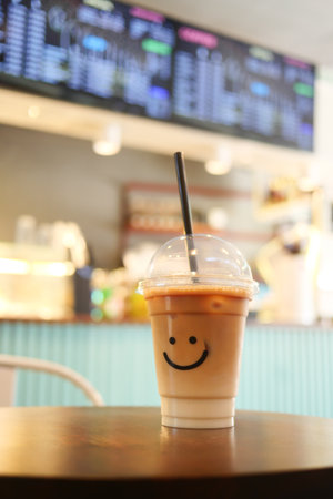 cold coffee in a plastic container with smile shape design on itの写真素材