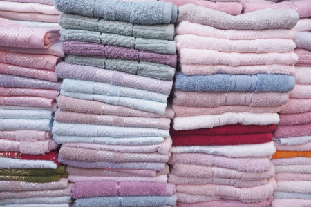 pile of gray and white color shower towelの写真素材
