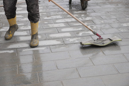 sidewalk pavement construction works in istanbul .の写真素材