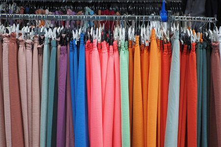 close up of many women cloths display for saleの写真素材