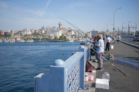 Turkey istanbul 12 january 2023. Fisherman with rod, spinning reelのeditorial素材
