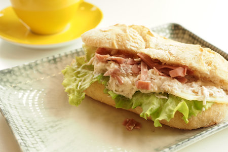 Sandwich With Smoked Chicken Salami on tableの写真素材