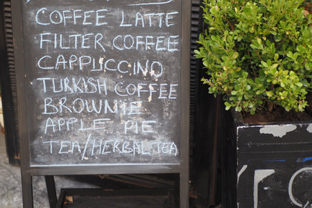 Cafe menu on black board outdoorの写真素材