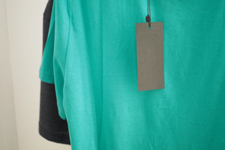 green t-shirt with blank price tag mockup,の写真素材