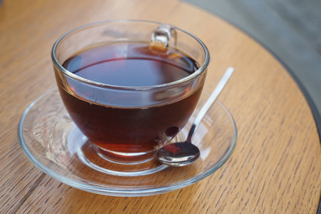 Close up of lemon green tea on wooden background.の写真素材