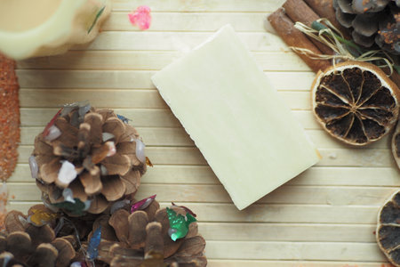 natural soap bar on tableの写真素材