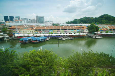 Singapore 16 may 2022. Scenic cityscape of Clarke Quay with Bumboats docked along Singapore River.のeditorial素材