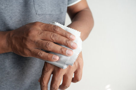 man disinfecting his hands with a wet wipe.の写真素材