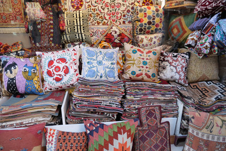 Colourful cushions on display for sale in a traditional Turkish Bazaar.の写真素材