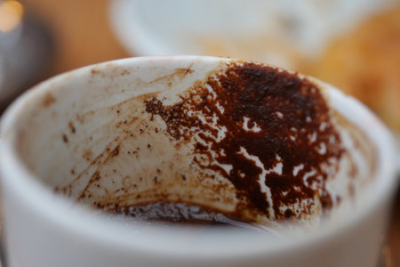 top view of empty coffee cup on table ,の写真素材