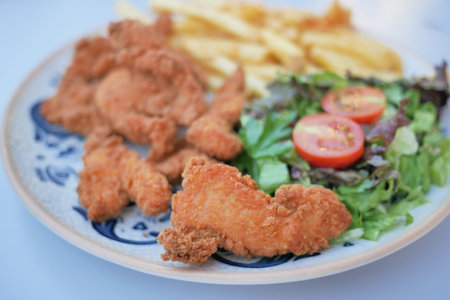 fried chicken fillets served with salad and french fries