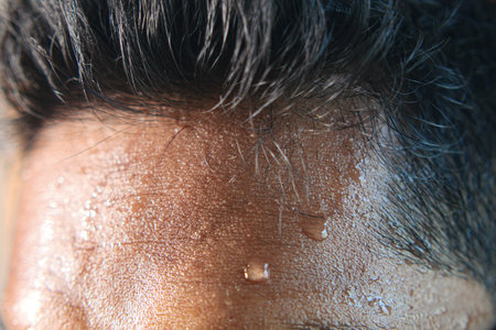 closeup of sweat on forehead against dark background ,の写真素材