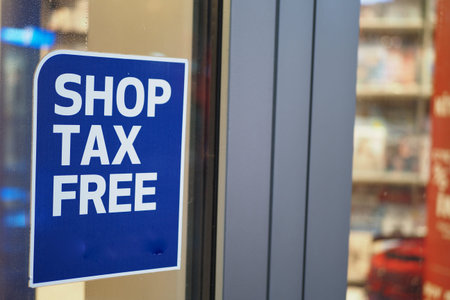 shop tax free text duty free shop sign on shop windowの写真素材