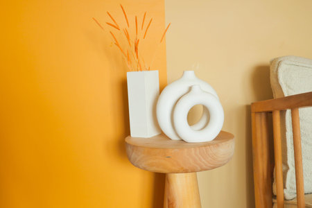 wall mockup home interior decoration against orange color backgroundの写真素材