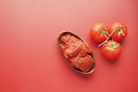 top view of Tomato paste with ripe tomatoes.の写真素材