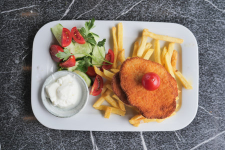 top view of Chicken schnitzel served with potato chips