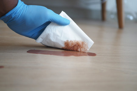 hand wiping spilled tea with paper napkin on floor ,の写真素材