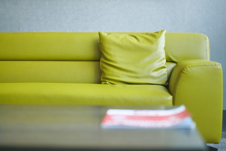 modern yellow sofa with pillows in living room at home
