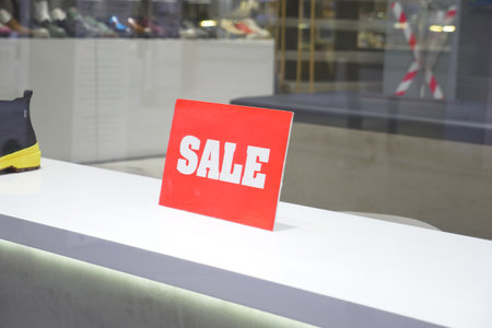 Sale signs in a clothing storeの写真素材