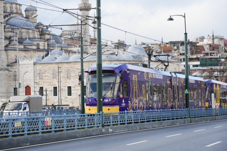 turkey istanbul 1 june 2023. T1 tram at on the bridge at Eminonuのeditorial素材