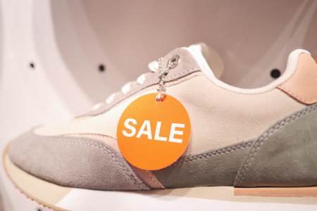 sales sticker on the Pair of new stylish white sneakersの写真素材