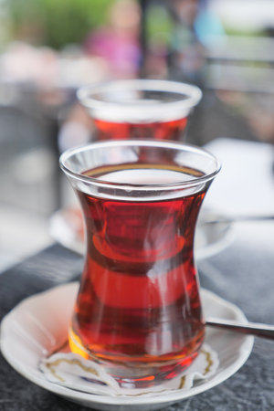 Traditional turkish tea on white table .の写真素材