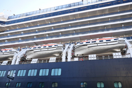Turkey istanbul 19 june 2023.Cruise ship with the river pilots boat attached. Close up.のeditorial素材