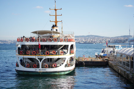 Turkey istanbul 18 july 2023. Transport ferry in the Bosphorus. Ferryboat carries passengersのeditorial素材