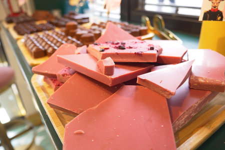 Wooden tray with magenta chocolate on a table at the event