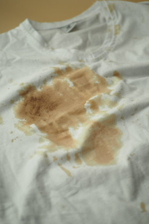 spilled coffee on a white shirtの写真素材