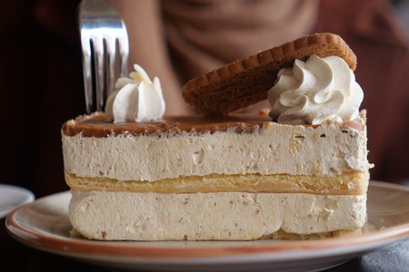 chocolate and cream cake on a plate on table