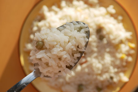 Closeup of Cooked white rice on a spoonの写真素材