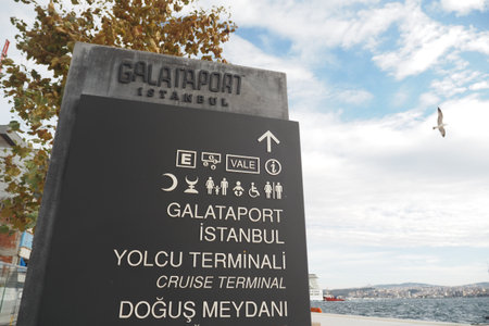 Turkey istanbul 19 june 2023. Galataport text and huge cruise ship .のeditorial素材