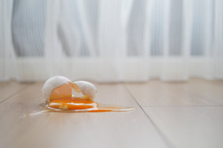 Fresh broken egg in kitchen floorの写真素材