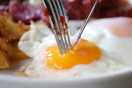 Fried eggs in the plate close up ,の写真素材