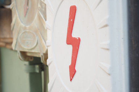 Two electrical boxes with lightning bolt on brick wall
